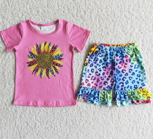D11-11 Pink sunflower leopard print shorts