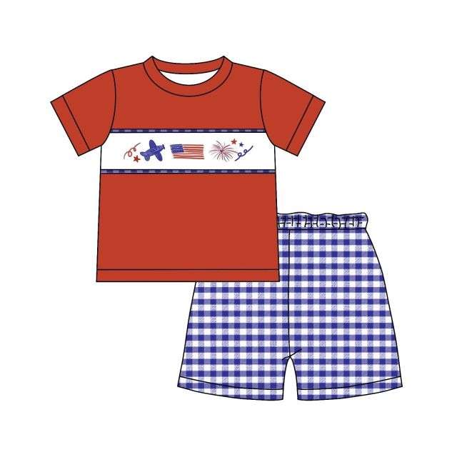 pre sale short-sleeved top and blue and white plaid shorts set