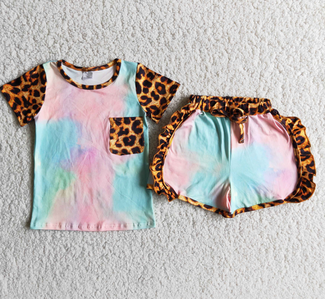 D9-27 Leopard print pocket blue and pink tie-dye suit