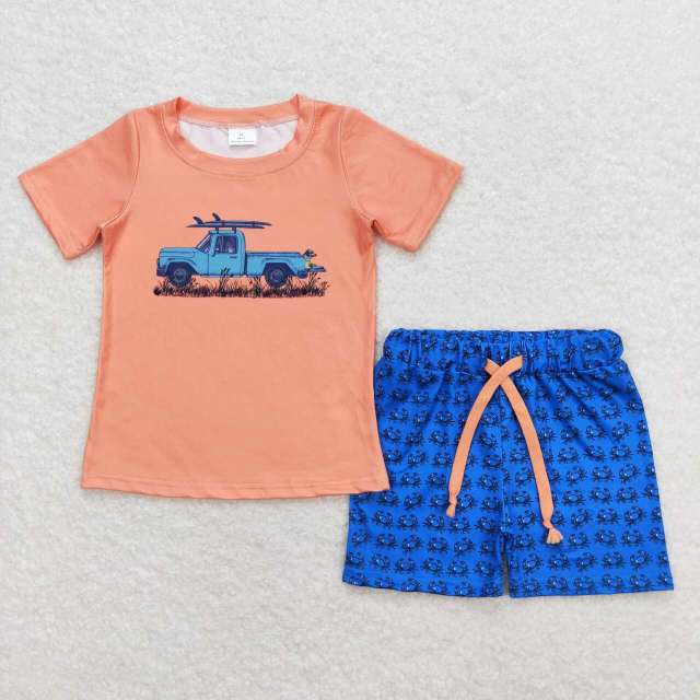 BSSO0706 Truck Orange Short Sleeve Crab Blue Shorts Suit