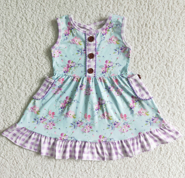 GSD0051 Girls Sleeveless Purple Plaid Pocket Button Flower dress