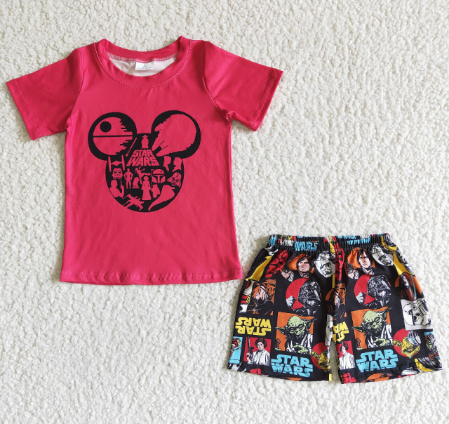 BSSO0040 Boys Red Mickey Short Sleeve Floral Shorts Set