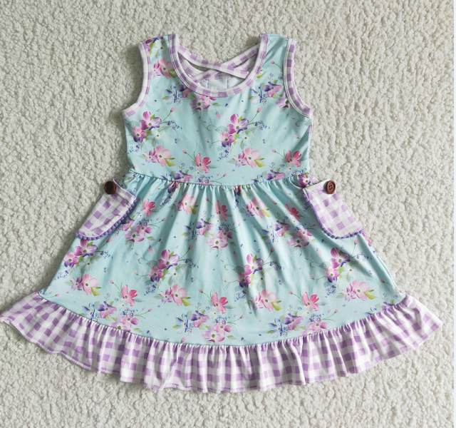 GSD0051 Girls Sleeveless Purple Plaid Pocket Button Flower dress