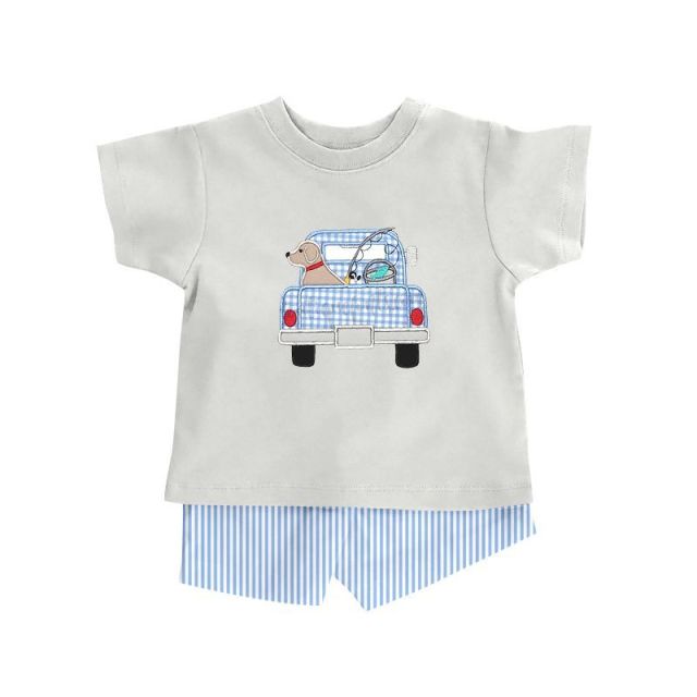 pre sale embroidered short-sleeved top and blue and white striped shorts set