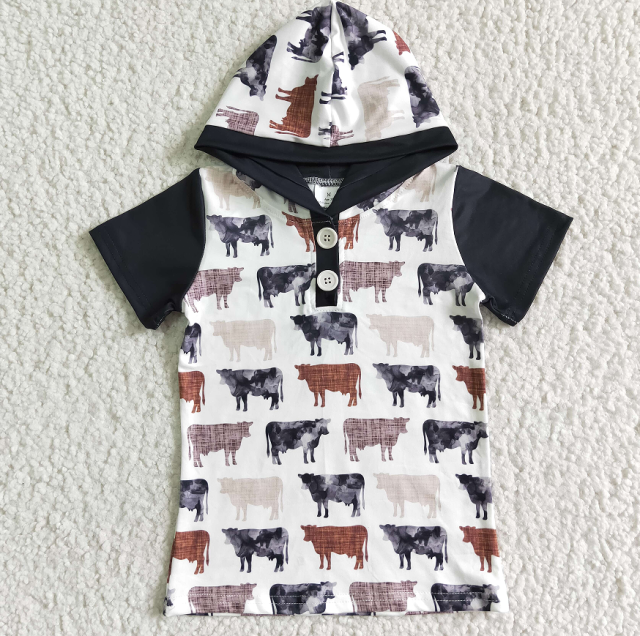 BT0009 Boys Black Short Sleeve Hooded Cow Button Top