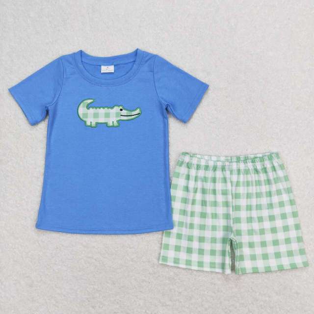 BSSO0736 Embroidered Crocodile Blue Short Sleeve Green Plaid Shorts Set