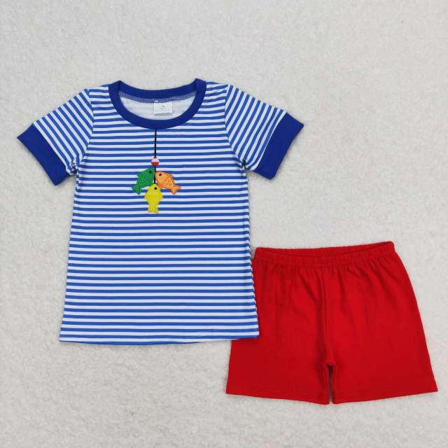 BSSO0588 Embroidered fishing blue striped short sleeve red shorts suit