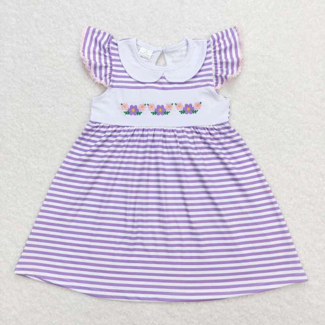 GSD0836 Floral purple and white striped doll collar flying sleeve dress