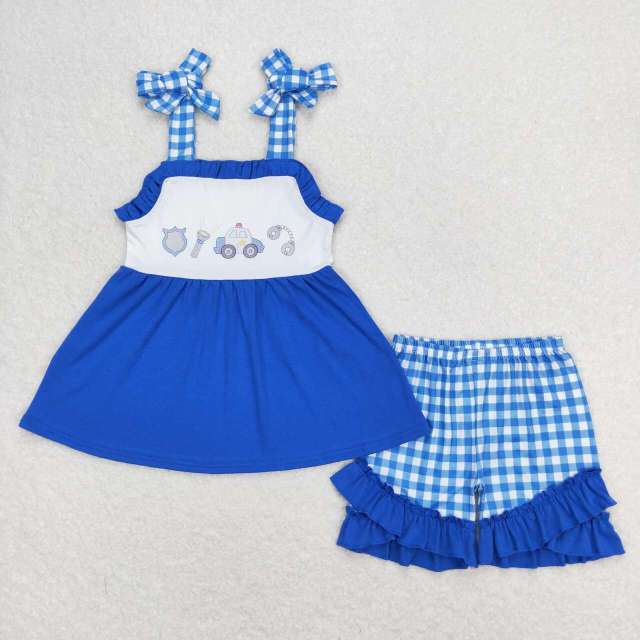 GSSO0717 police flashlight blue and white plaid lace suspender shorts suit