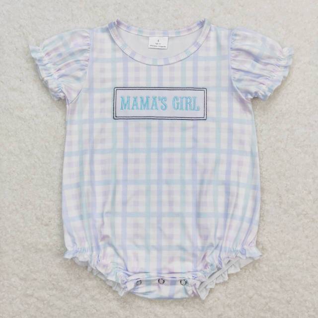 SR1091 mama's girl embroidered lettering colorful plaid lace short-sleeved romper