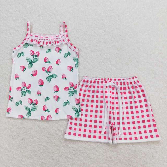 GSSO0866 Strawberry Sleeveless Plaid Shorts Set