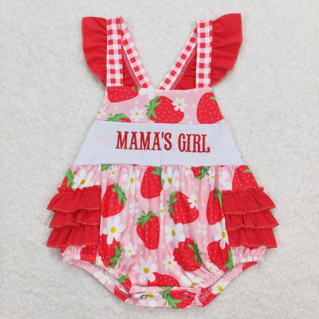 SR1269 mama's girl embroidered letter flower strawberry flying sleeve vest romper