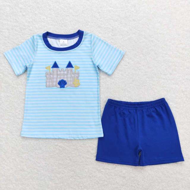 BSSO0747 Embroidered shell star castle striped short-sleeved blue shorts suit