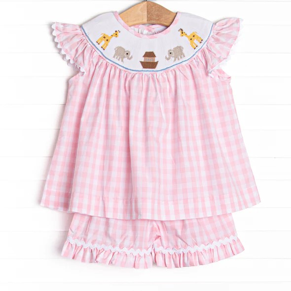 pre sale girls summer suit flying sleeve top and pink and white plaid shorts