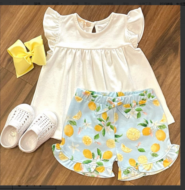 pre sale girls summer suit white flying sleeve top lemon pattern shorts