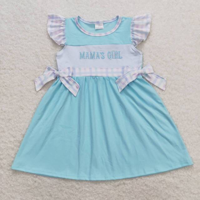 GSD0848 mama's gir embroidered L letter colorful plaid lace bow teal flying sleeve dress