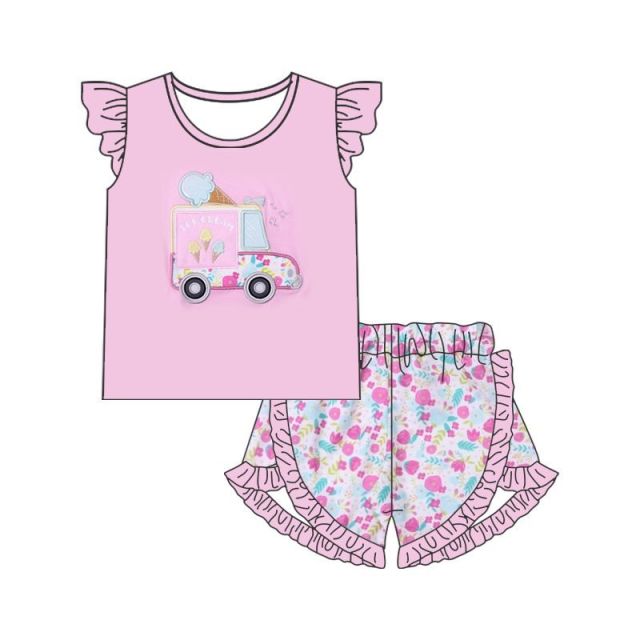 pre sale girls summer suit flying sleeve top embroidered ice cream trolley pattern and shorts