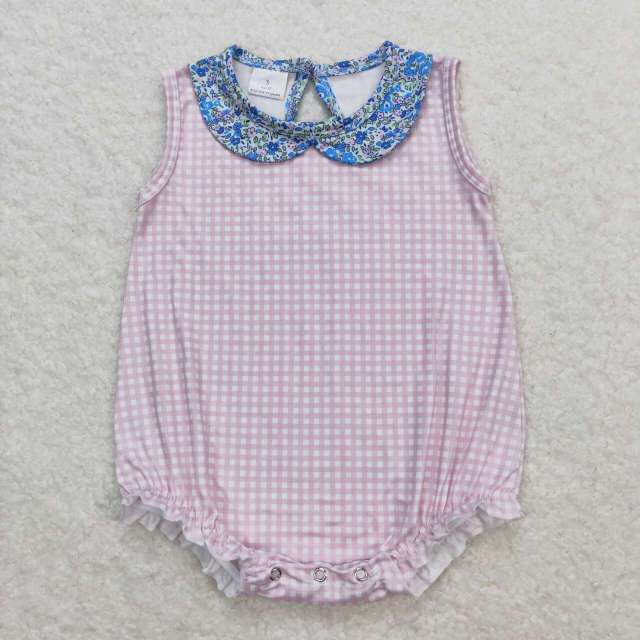 SR1087 Floral floral doll collar pink and white plaid romper