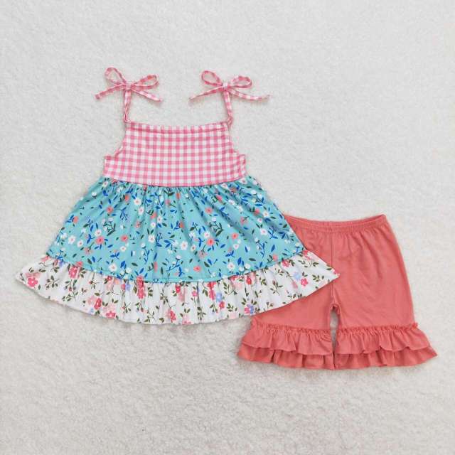 GSSO0837 Floral plaid suspenders brick red lace shorts set