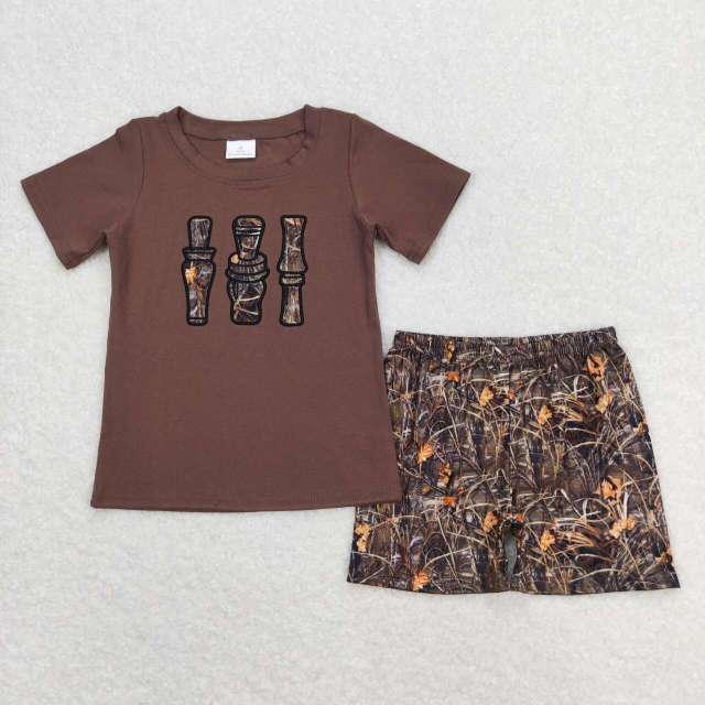 BSSO0780 Embroidery Leaves Grass Camouflage Bottle Brown Short Sleeve Shorts Set