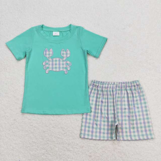 BSSO0638 Embroidered plaid crab teal short-sleeved shorts set