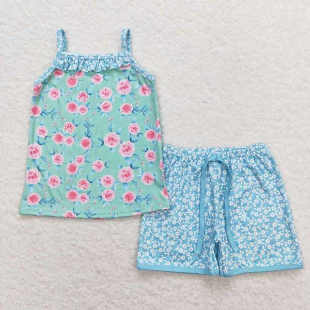 GSSO0863 Pink floral green sleeveless floral blue shorts set