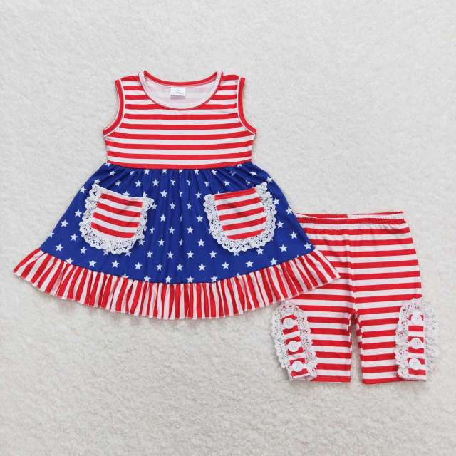 GSSO0855 Star red and white striped pocket lace blue sleeveless shorts set
