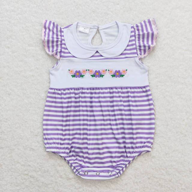 SR1051 Embroidered floral purple and white striped babydoll collar tank top romper