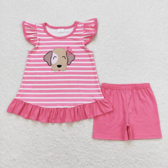 GSSO0874 Embroidered puppy rose red striped flying sleeve shorts suit