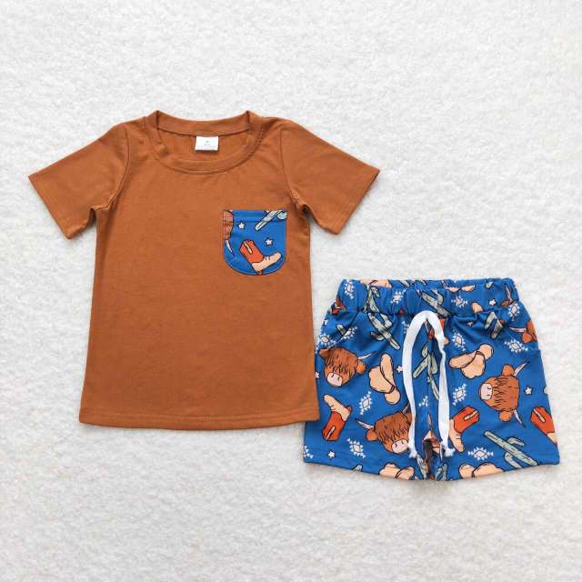 BSSO0542 Alpine Cow Head Cactus Hat Boots Pocket Brown Short Sleeve Blue Shorts Suit