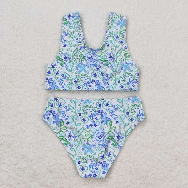 S0279 Floral blue and white lace swimsuit set