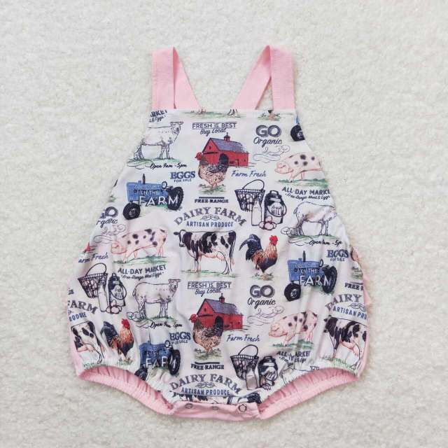 SR0911 Farm House Tractor Animal Lace Pink Tank Top romper