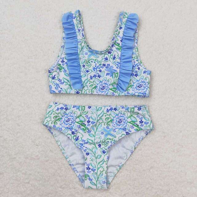 S0279 Floral blue and white lace swimsuit set