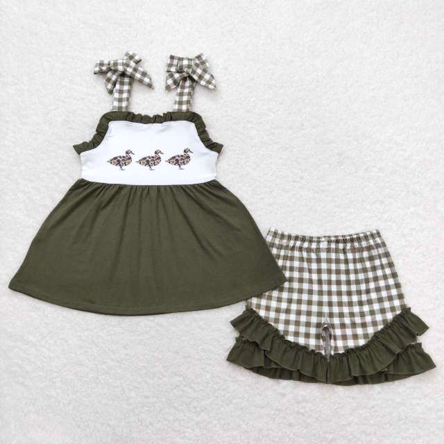 GSSO0716 Three Ducks army green plaid lace suspender shorts set