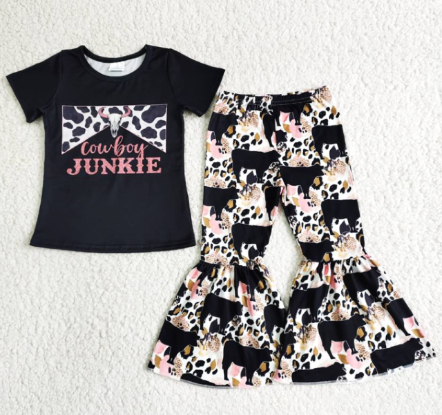 B6-28 JUNKIE black short-sleeved cow bell pants set