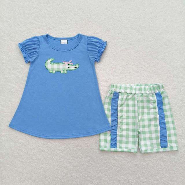 GSSO0850 Embroidered bow crocodile blue short-sleeved green plaid shorts suit