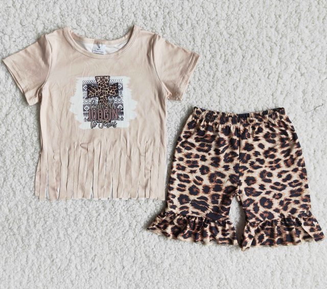 A16-11 Tassel cross leopard print shorts set