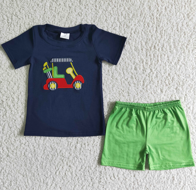 BSSO0030 Boys Embroidered Car Black Short Sleeve Green Shorts Set