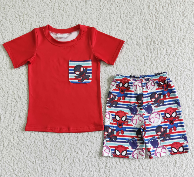BSSO0062 Boys Red Pocket Spider-Man Short Sleeve Shorts Suit
