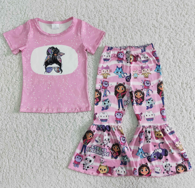 A12-11 Glasses Girl Short Sleeve Cartoon Cat Flared Pants Suit