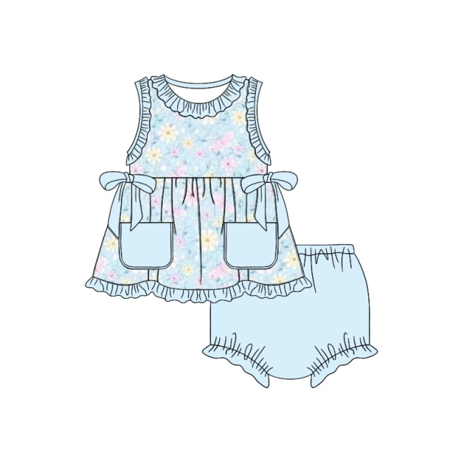 pre sale  girls summer suit sleeveless lace crew neck top and light blue shorts