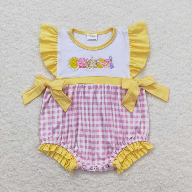 SR0701 Embroidery Shell Castle Beach Ball Pink White Plaid Yellow Lace Bow romper