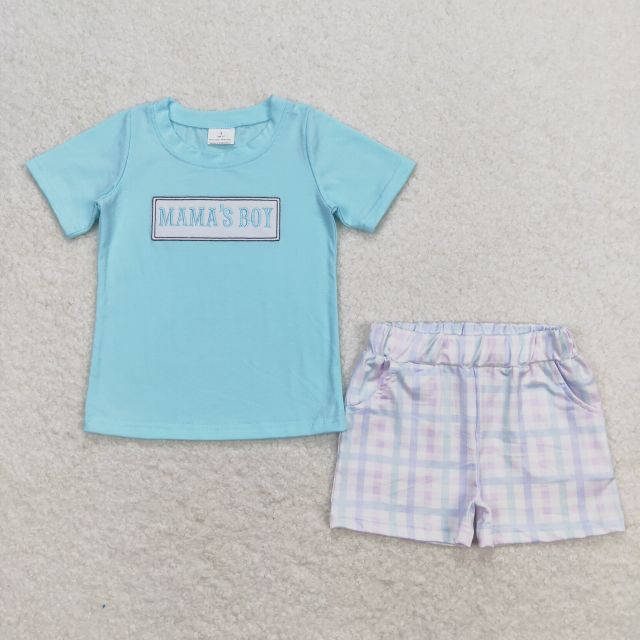 BSSO0624 mama's boy embroidered letter teal short-sleeved colorful plaid shorts set