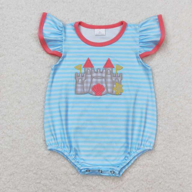 SR1317 Embroidered rose red shell star castle striped romper