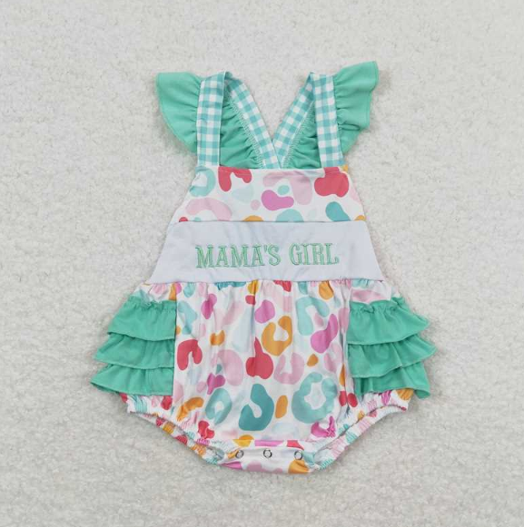 SR1246 mama's girl embroidered lettering colorful leopard print flying sleeve teal romper
