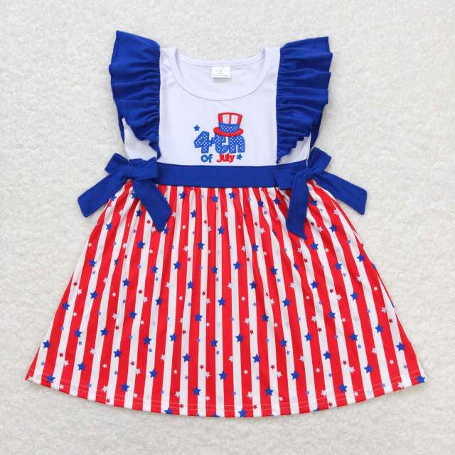 GSD0674 4th of july embroidered letter star hat blue lace bow red and white striped sleeveless dress