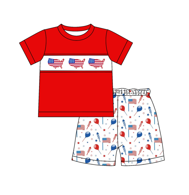 pre sale  boys summer  suit red  short-sleeved top and shorts  with  flag balloon