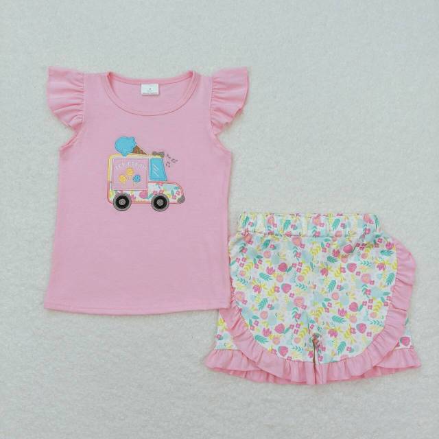 GSSO0644 Embroidered ice cream truck pink flying sleeve flower shorts set