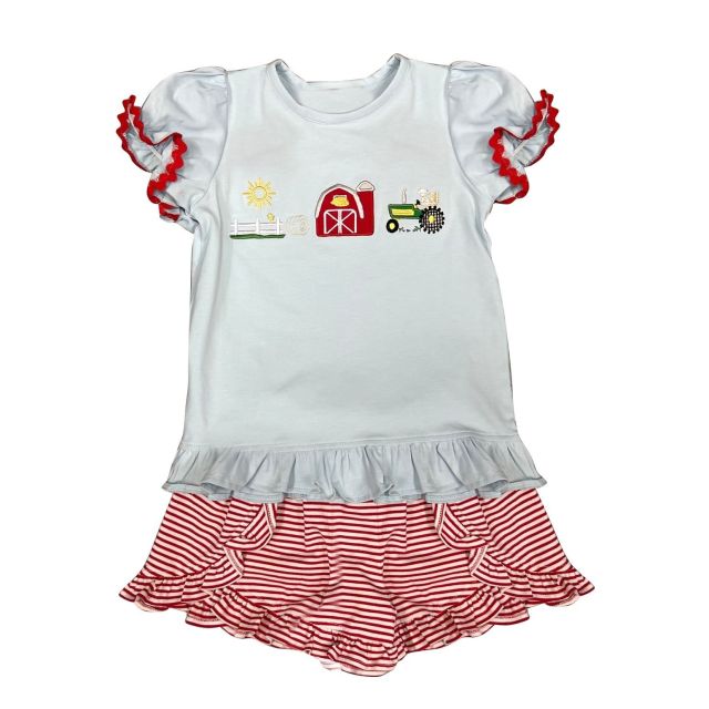pre sale  girls summer suit lace short-sleeved top and red and white striped lace print  shorts