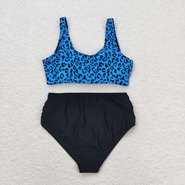 S0290 Adult leopard print blue and black swimsuit set